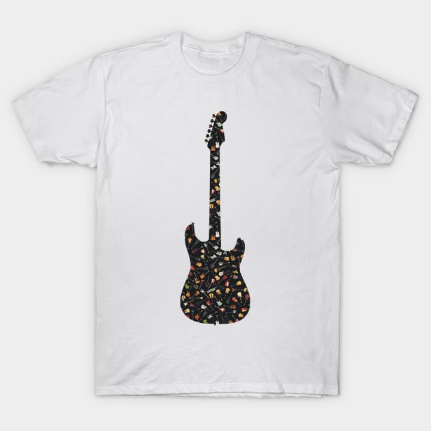 Guitar Silhouette Filled with Guitars on Black T-Shirt by gkillerb